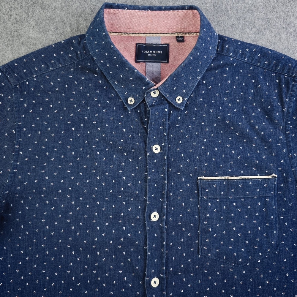 7 Diamonds Stretch Shirt Mens Small Blue Floral Geometric Short Sleeve Button